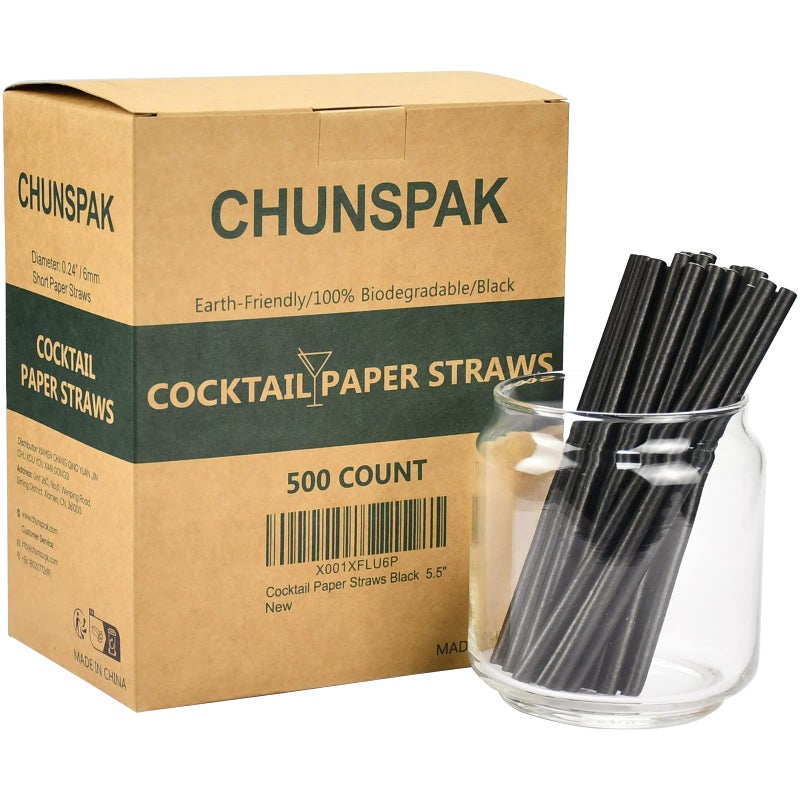 chunspak Short Paper Straws Bulk 5.5 inch - 500 ct. Disposable Black Paper Drinking Straw, Sip Stirrers for Cocktail, Coffee and Short Drinks - Image 1